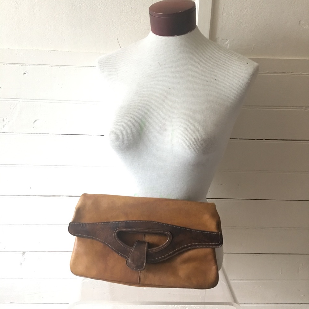 Vintage 1970s Two-Tone Leather Foldover Clutch Purse Bag Brazil - Picture 2 of 6